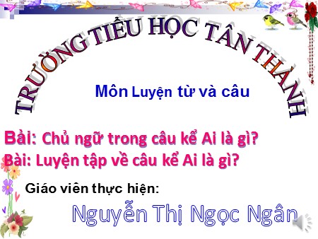 Bài giảng Luyện từ và câu Lớp 4 - Bài: Chủ ngữ trong câu kể Ai là gì? Luyện tập về câu kể Ai là gì? - Nguyễn Thị Ngọc Ngân