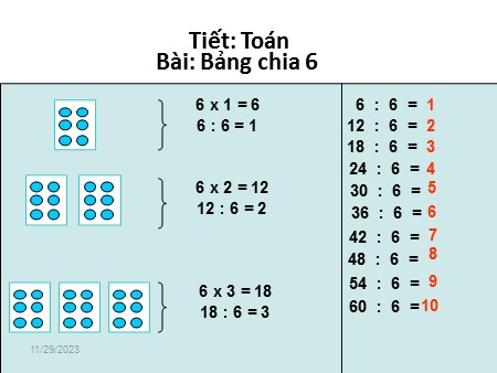 Bài giảng Toán Lớp 3 - Bài: Bảng chia 6