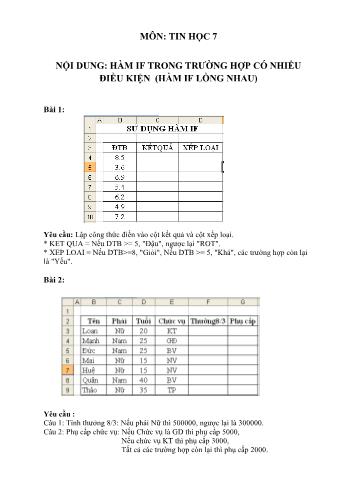 Bài tập môn Tin học Lớp 7 - Bài: Hàm If trong trường hợp có nhiều điều kiện (Hàm if lồng nhau)