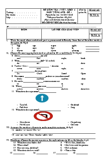 Đề kiểm tra 1 tiết môn Tiếng Anh Lớp 6 (Đề 1) - Năm học 2018-2019 (Có đáp án)