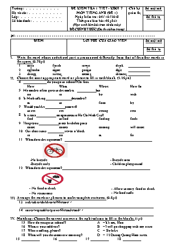 Đề kiểm tra 1 tiết môn Tiếng Anh Lớp 7 (Đề 1) - Năm học 2018-2019 (Có đáp án)