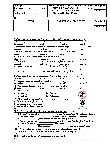 Đề kiểm tra 1 tiết môn Tiếng Anh Lớp 8 (Đề 1) - Năm học 2018-2019 (Có đáp án)