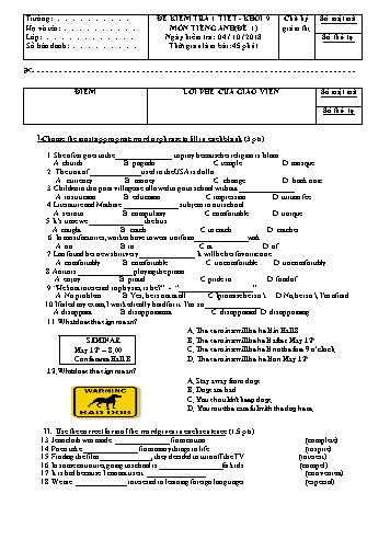 Đề kiểm tra 1 tiết môn Tiếng Anh Lớp 9 (Đề 1) - Năm học 2018-2019 (Có đáp án)