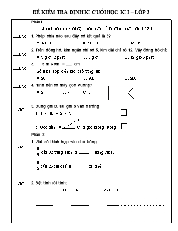 Đề kiểm tra định kì cuối học kì I môn Toán Lớp 3