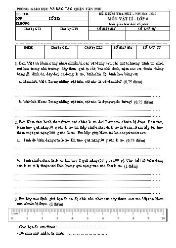 Đề kiểm tra học kì I môn Vật lý Lớp 6 - Năm học 2016-2017 - Phòng Giáo dục và Đào tạo Quận Tân Phú (Có đáp án)