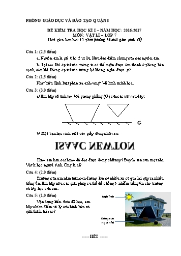 Đề kiểm tra học kì I môn Vật lý Lớp 7 - Năm học 2016-2017 - Phòng Giáo dục và Đào tạo Quận 8 (Có đáp án)