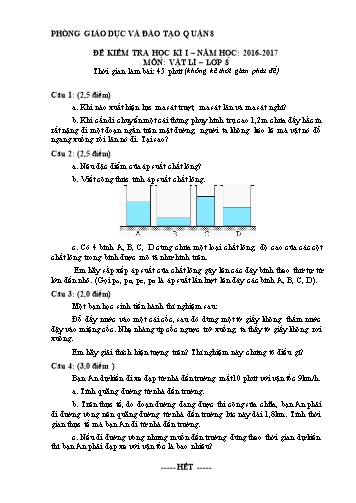Đề kiểm tra học kì I môn Vật lý Lớp 8 - Năm học 2016-2017 - Phòng Giáo dục và Đào tạo Quận 8 (Có đáp án)