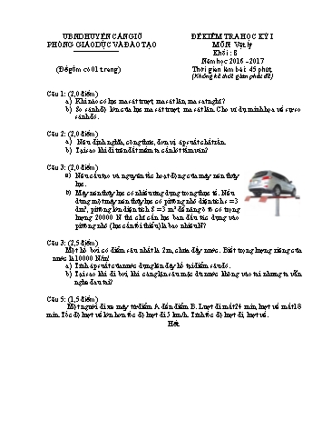 Đề kiểm tra học kì I môn Vật lý Lớp 8 - Năm học 2016-2017 - Phòng Giáo dục và Đào tạo huyện Cần Giờ (Có đáp án)