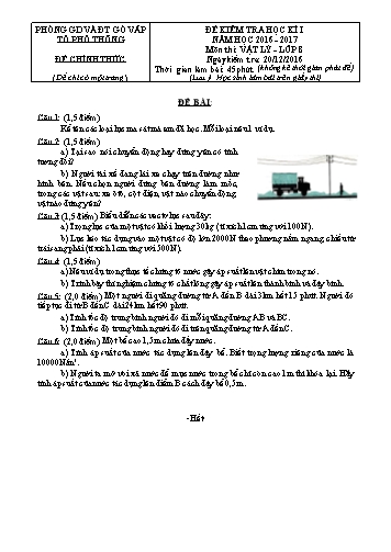 Đề kiểm tra học kì I môn Vật lý Lớp 8 - Năm học 2016-2017 - Phòng Giáo dục và Đào tạo Gò Vấp (Có đáp án)