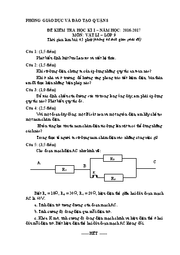 Đề kiểm tra học kì I môn Vật lý Lớp 9 - Năm học 2016-2017 - Phòng Giáo dục và Đào tạo Quận 8 (Có đáp án)