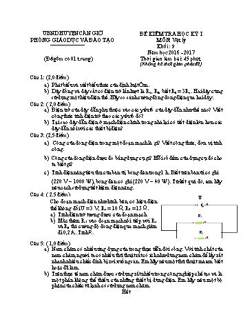 Đề kiểm tra học kì I môn Vật lý Lớp 9 - Năm học 2016-2017 - Phòng Giáo dục và Đào tạo huyện Cần Giờ (Có đáp án)