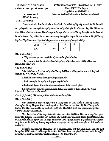 Đề kiểm tra học kì I môn Vật lý Lớp 9 - Năm học 2016-2017 - Phòng Giáo dục và Đào tạo huyện Bình Chánh (Có đáp án)