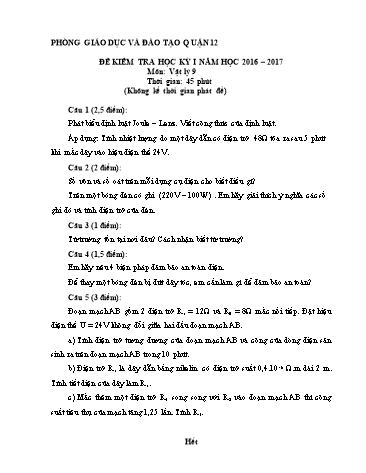 Đề kiểm tra học kì I môn Vật lý Lớp 9 - Năm học 2016-2017 - Phòng Giáo dục và Đào tạo Quận 12 (Có đáp án)