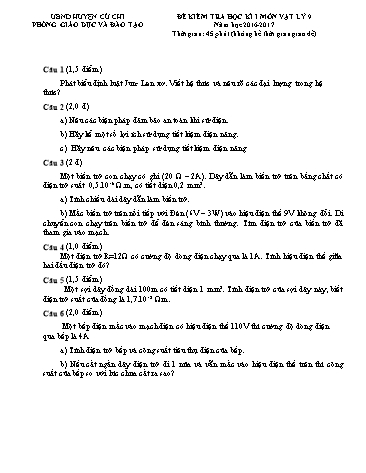 Đề kiểm tra học kì I môn Vật lý Lớp 9 - Năm học 2016-2017 - Phòng Giáo dục và Đào tạo huyện Củ Chi (Có đáp án)