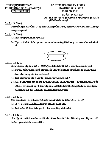 Đề kiểm tra học kì I môn Vật lý Lớp 9 - Năm học 2016-2017 - Phòng Giáo dục và Đào tạo Quận Bình Tân (Có đáp án)