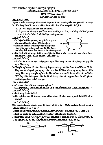 Đề kiểm tra học kì I môn Vật lý Lớp 9 - Năm học 2016-2017 - Phòng Giáo dục và Đào tạo Quận 6 (Có đáp án)