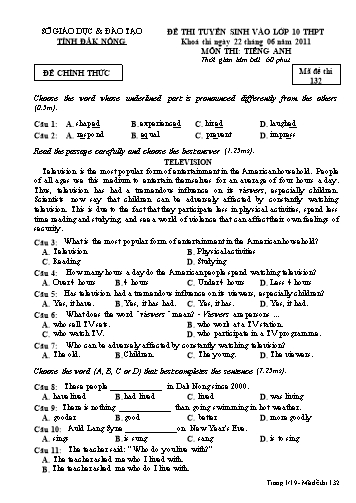 Đề thi tuyển sinh vào Lớp 10 THPT môn Tiếng Anh - Năm học 2010-2011 - Sở Giáo dục & Đào tạo tỉnh Đắk Nông