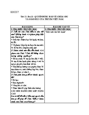 Giáo án Giáo dục công dân Lớp 7 - Tiết 22, Bài 13: Quyền được bảo vệ chăm sóc và giáo dục của trẻ em Việt Nam