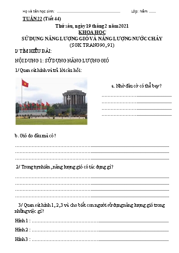 Giáo án Khoa học Lớp 5 - Bài: Sử dụng năng lượng gió và năng lượng nước chảy - Năm học 2020-2021