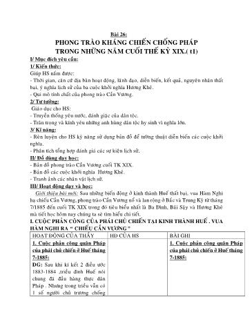 Giáo án Lịch sử Lớp 8 - Bài 26: Phong trào kháng chiến chống Pháp trong những năm cuối thể kỷ XIX