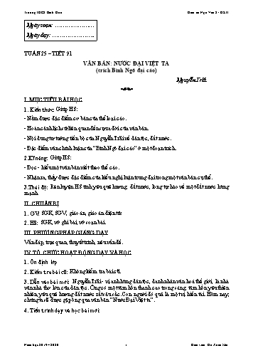 Giáo án Ngữ văn Lớp 8 - Tiết 91: Văn bản: Nước Đại Việt ta - Trường THCS Bình Hòa