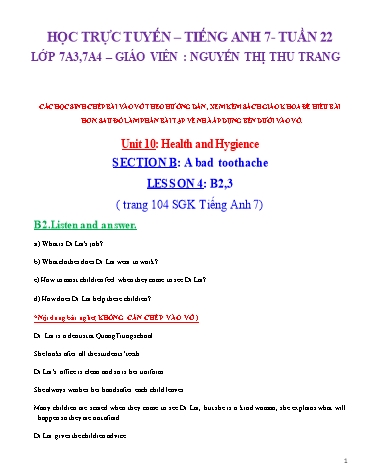 Giáo án Tiếng Anh Lớp 7 - Unit 10: Health and Hygience - Section B: A bad toothache - Nguyễn Thị Thu Trang