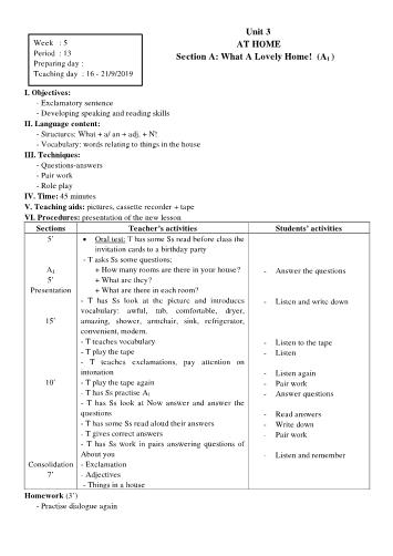 Giáo án Tiếng Anh Lớp 7 - Unit 3: At home - Năm học 2019-2020