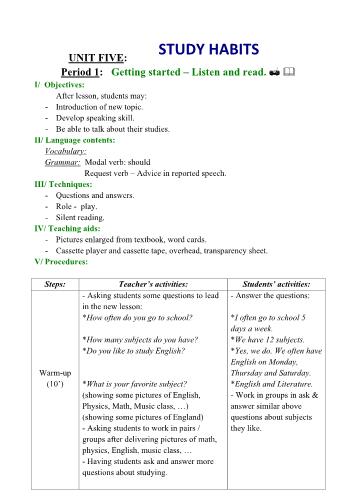 Giáo án Tiếng Anh Lớp 8 - Unit 5: Study habits