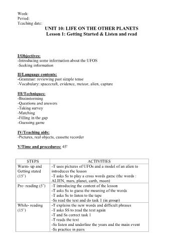 Giáo án Tiếng Anh Lớp 9 - Unit 10: Life on the other planets