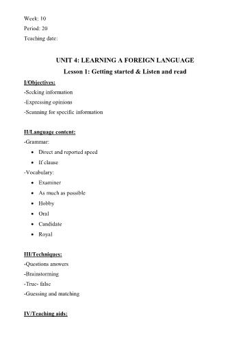 Giáo án Tiếng Anh Lớp 9 - Unit 4: Learning a foreign langguage