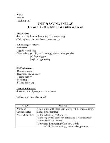 Giáo án Tiếng Anh Lớp 9 - Unit 7: Saving energy