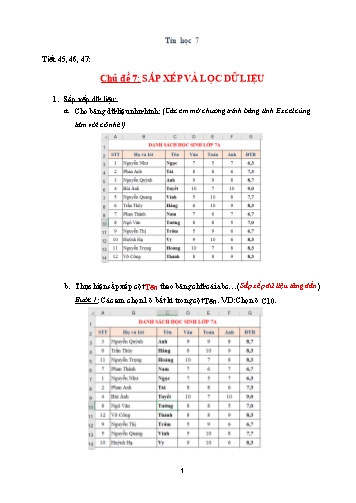 Giáo án Tin học Lớp 7 - Chủ đề 7: Sắp xếp và lọc dữ liệu