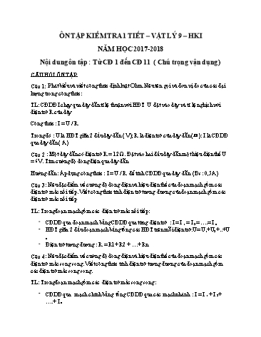 Ôn tập kiểm tra 1 tiết học kì I môn Vật lý Lớp 9 - Năm học 2017-2018