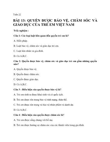 Ôn tập môn Giáo dục công dân Lớp 7 - Bài 13: Quyền được bảo vệ, chăm sóc và giáo dục của trẻ em Việt Nam