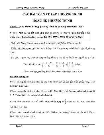 Ôn tập Toán Lớp 9 - Chủ đề: Các bài toán về lập phương trình hoặc hệ phương trình - Nguyễn Thị Xuân