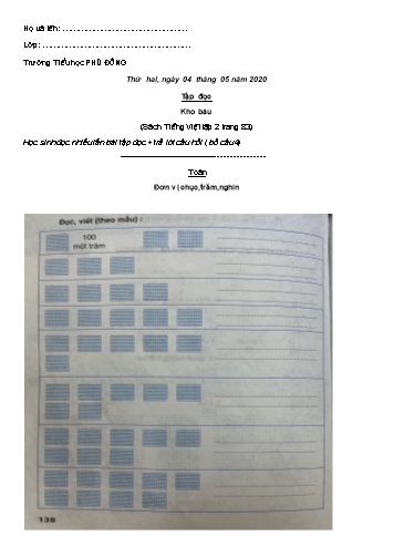 Phiếu bài tập môn Toán + Tiếng Việt Lớp 2 - Tuần 28 - Năm học 2019-2020 - Trường Tiểu học Phù Đổng