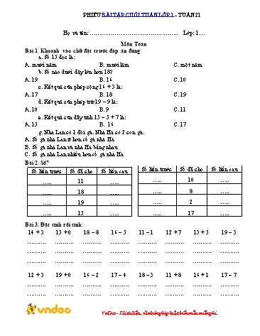 Phiếu bài tập môn Toán+Tiếng Việt Lớp 1 - Tuần 21