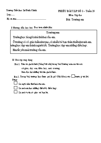 Phiếu bài tập môn Toán+Tiếng Việt Lớp 1 - Tuần 25 - Trường Tiểu học Lê Đình Chinh