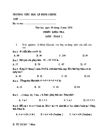 Phiếu kiểm tra môn Toán Lớp 2 - Năm học 2019-2020 - Trường Tiểu học Lê Đình Chinh