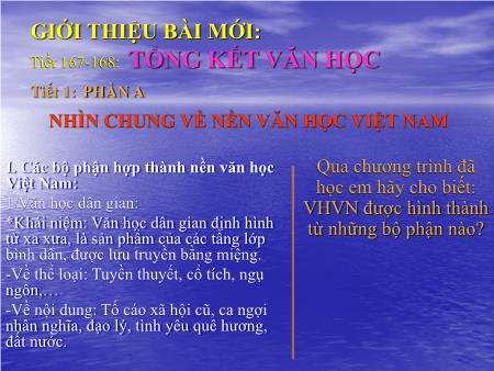 Bài giảng môn Ngữ văn Lớp 9 - Tiết 167 + 168: Tổng kết văn học