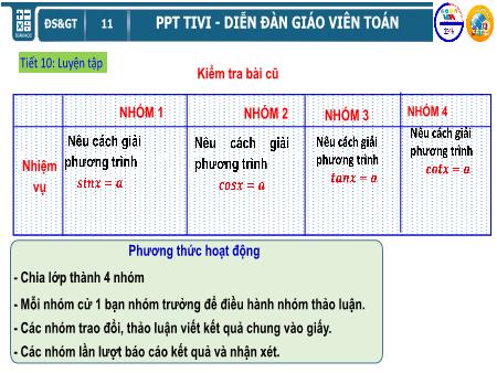 Bài giảng môn Toán Lớp 10 - Tiết 10: Luyện tập Phương trình lượng giác