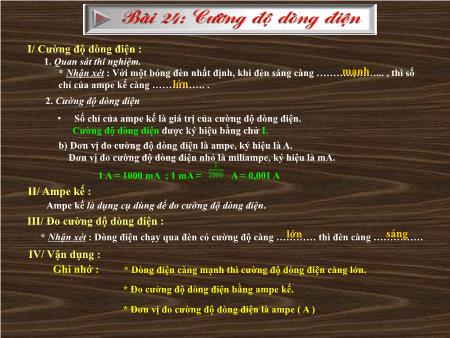 Bài giảng Vật lý Lớp 7 - Bài 24: Cường độ dòng điện