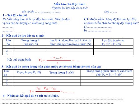 Bài giảng Vật lý Lớp 8 - Bài 11: Thực hành Nghiệm lại lực đẩy Ác-si-mét