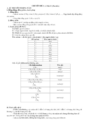 Đề cương ôn tập môn Hóa học Lớp 11 - Chuyên đề 5: Ankan (Parafin) - Năm học 2019-2020 - Trường TH, THCS&THPT Sao Việt
