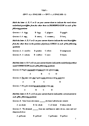 Đề ôn thi THPT Quốc Gia năm học 2017-2018 môn Tiếng Anh - Test 1 - Trường THPT Lê Hoàn (Có đáp án)