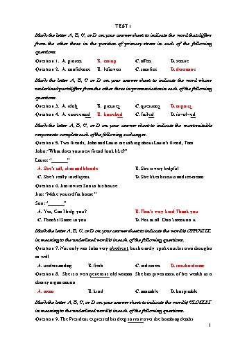 Đề ôn thi THPT Quốc Gia năm học 2017-2018 môn Tiếng Anh - Test 1 - Trường THPT Tôn Đức Thắng (Có đáp án)
