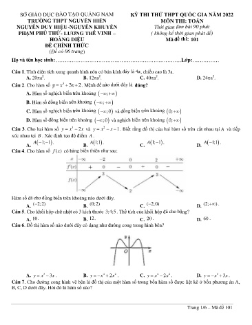Đề thi thử THPT Quốc gia năm 2022 môn Toán - SGD&ĐT Quảng Nam (Có đáp án)