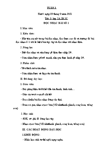Giáo án Âm nhạc Lớp 1 + 2 + 3 - Tuần 3 - Năm học 2021-2022