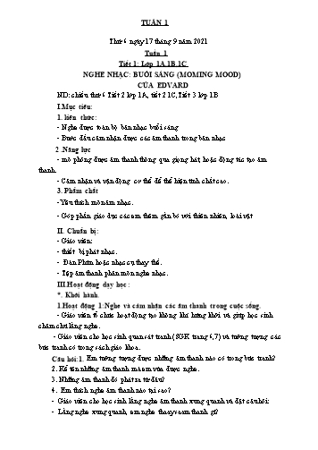 Giáo án Âm nhạc Lớp 1 - Tuần 1: Nghe nhạc Buổi sáng - Năm học 2021-2022