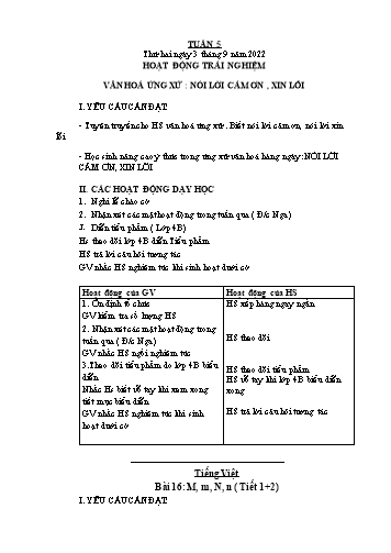 Giáo án các môn Lớp 1 - Tuần 5 - Năm học 2022-2023 - Nguyễn Thị Thu Hà